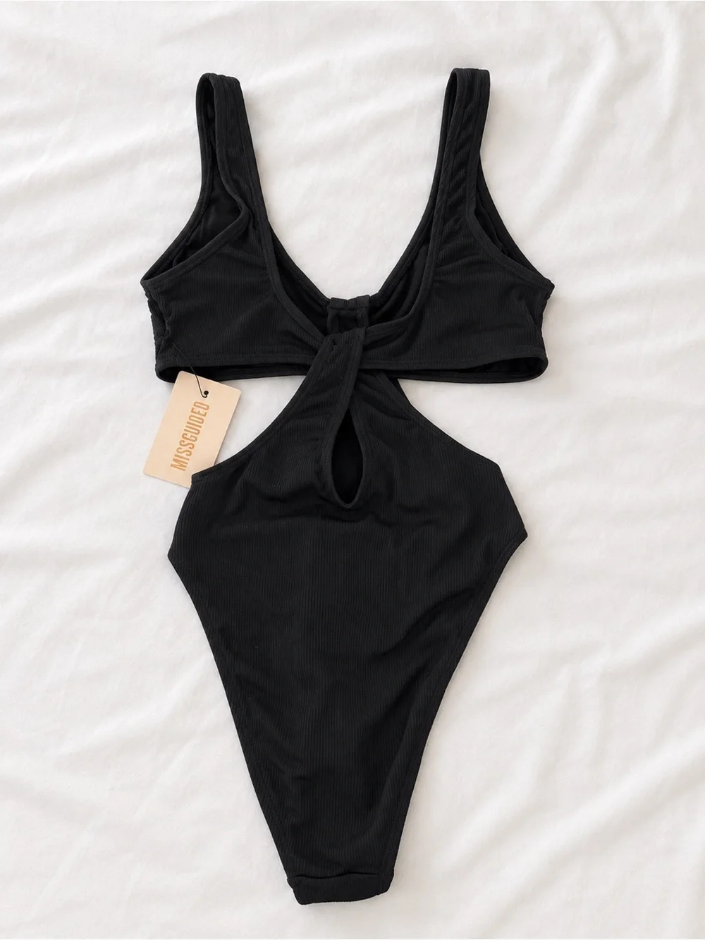 Missguided Ribbed Black Cutout One-Piece Swimsuit/Bodysuit